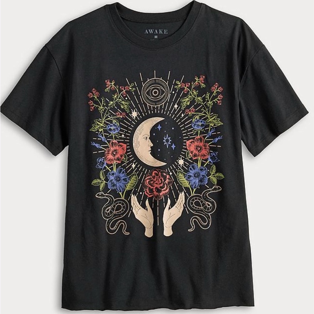Awake Black Tee with Moon and Floral Art